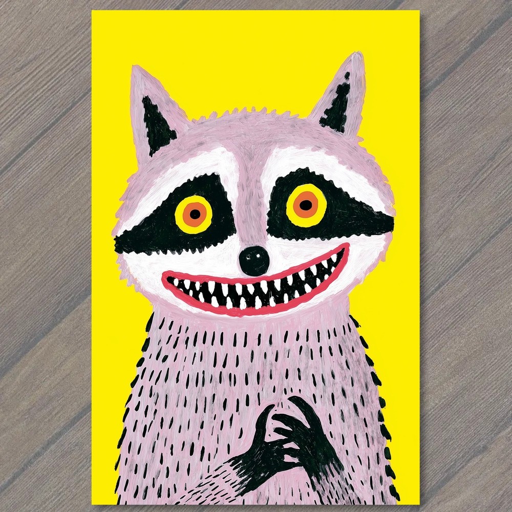 POSTCARD Creepy Raccoon Yellow Background Weird Surreal Dark Strange Fantasy Odd POSTCARD Creepy Raccoon Yellow Background Weird Surreal Dark Strange Fantasy Odd