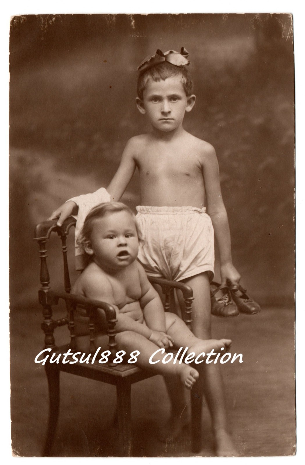 Vintage photo 1927 Two sisters. Little girls in panties. Ukraine RPPC