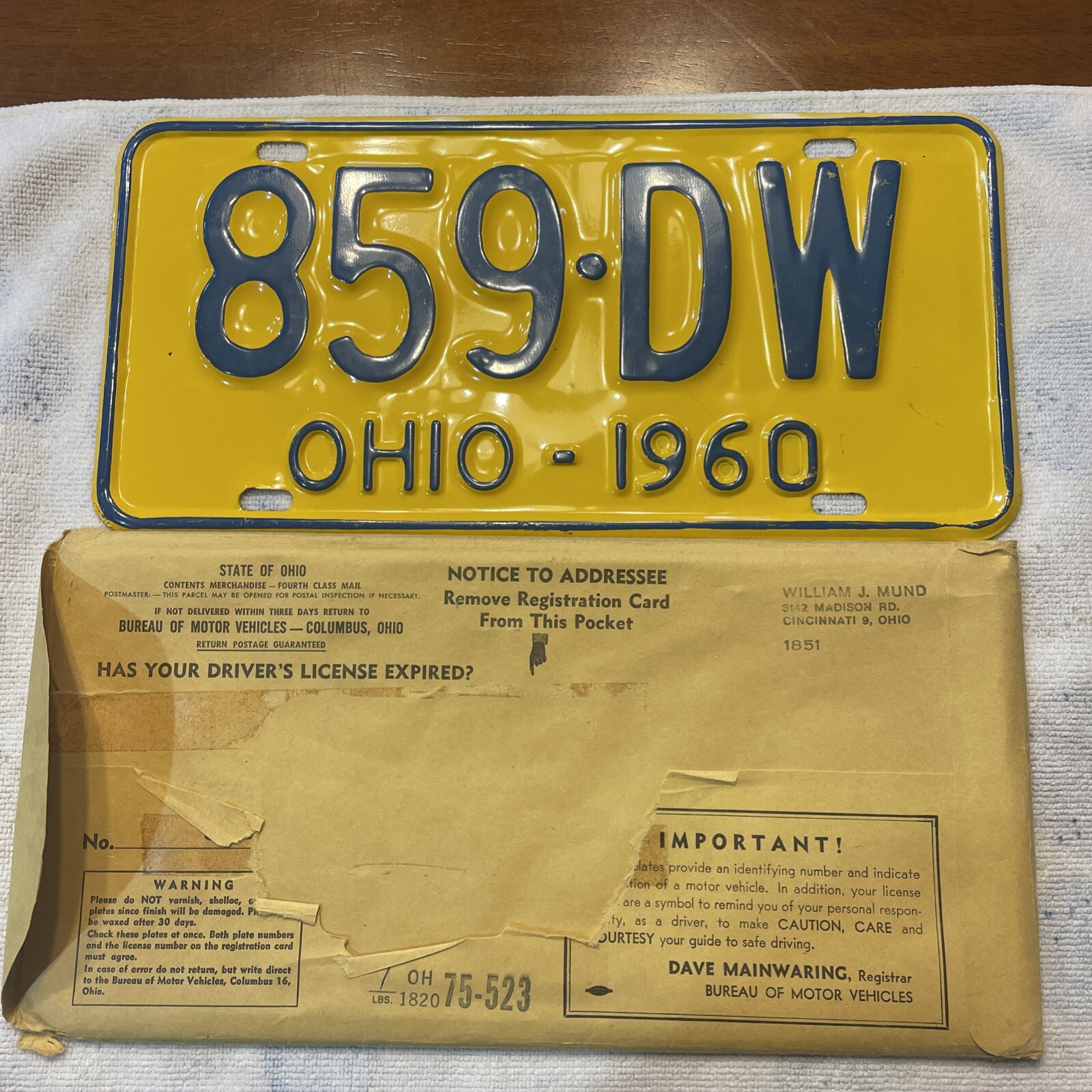 1960 Ohio License Plate 859-DW Classic Car Plate-Yellow-NICE