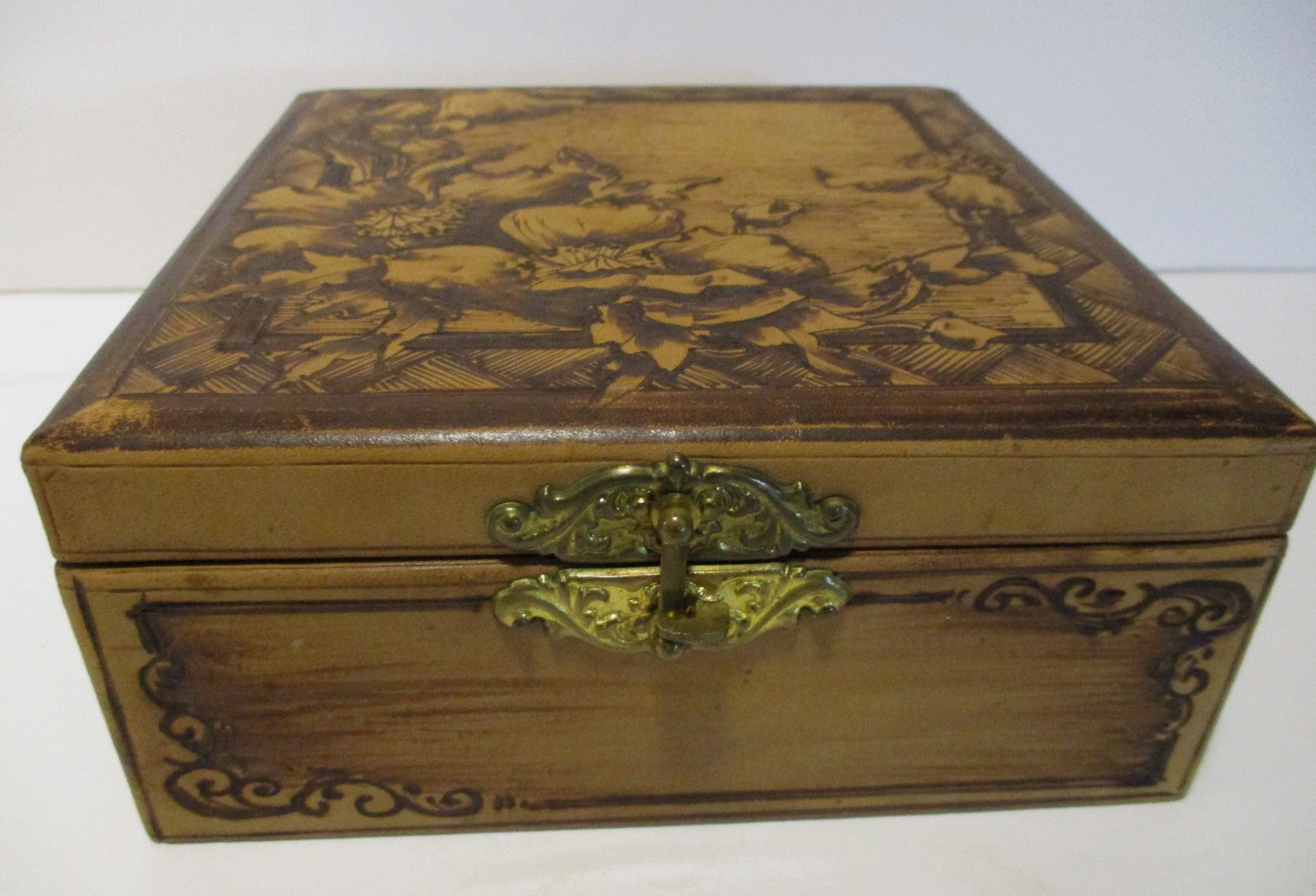 Antique Handkerchief Box - Painted to Look Like Tooled Leather - Exquisite 6\