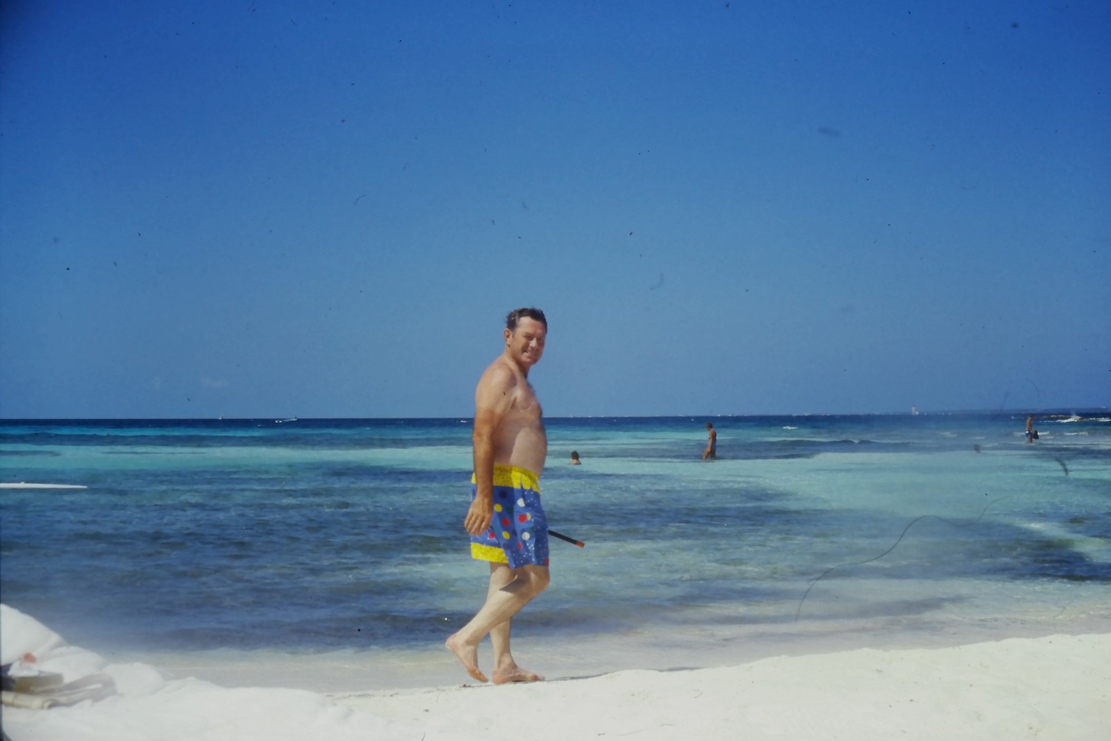 1970s Unknown 35mm Slide Man Snorkel Polka Dot Swim Trunks Beach Ocean