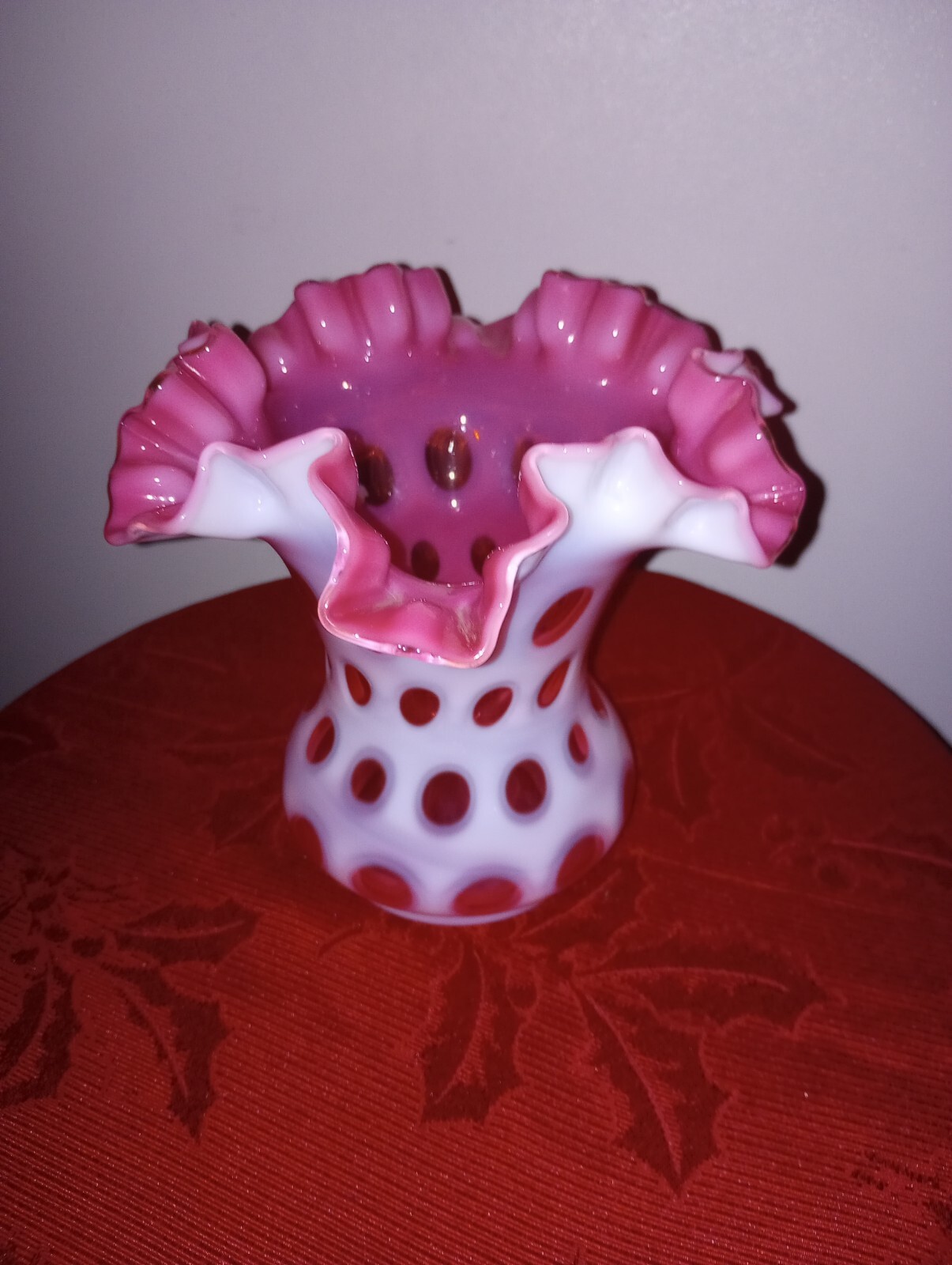Fenton Cranberry Opalescent Coin Dot Vase