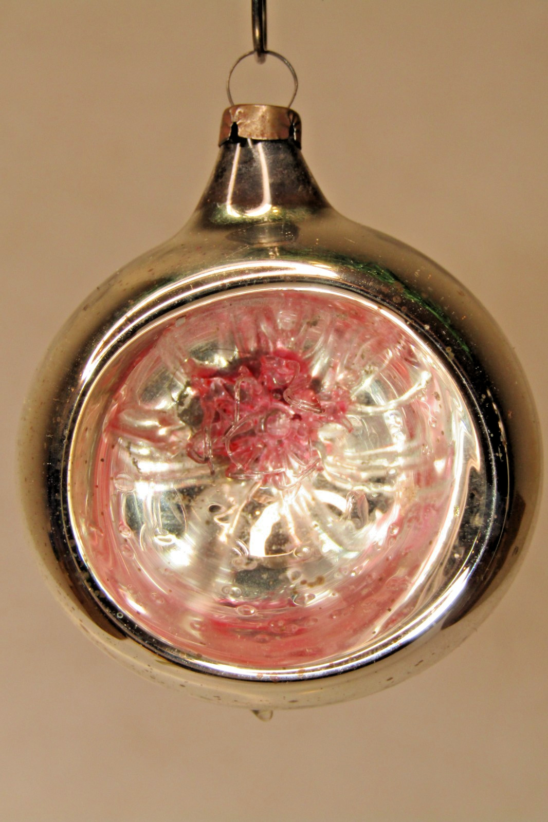 Antique VTG Glass Diorama Spun Pink Net Indent BALL Christmas Ornament Germany
