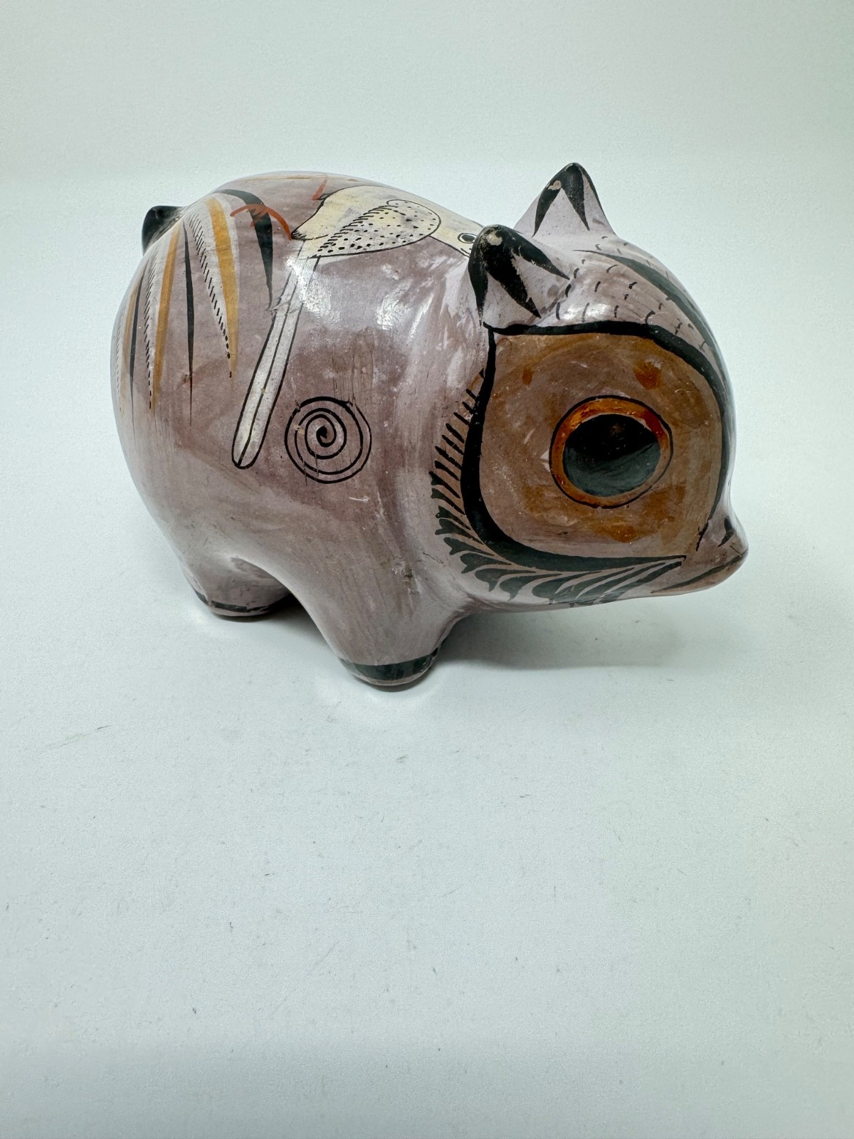 VINTAGE TONALA PIGLET PIG HAND PAINTED BURNISHED MEXICAN POTTERY FIGURINE
