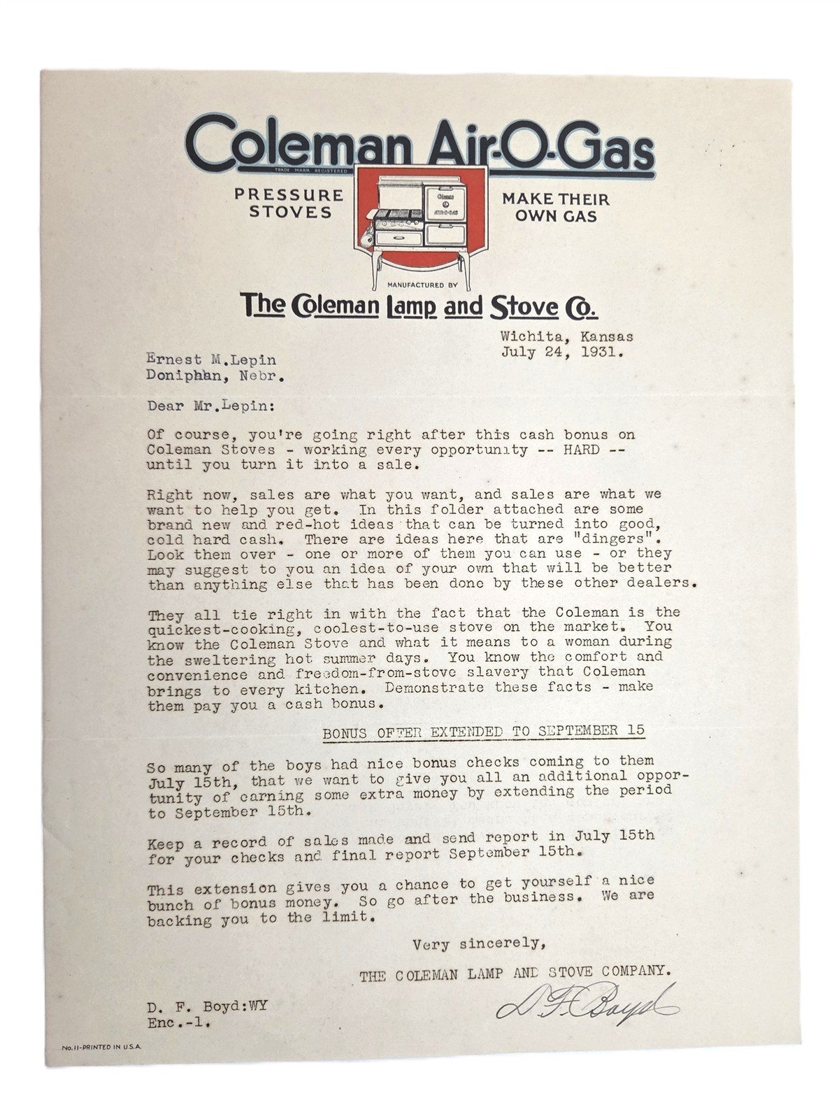 1931 antique COLEMAN AIR-O-GAS Wichita KS PRESSURE STOVE dealer SALES LETTER