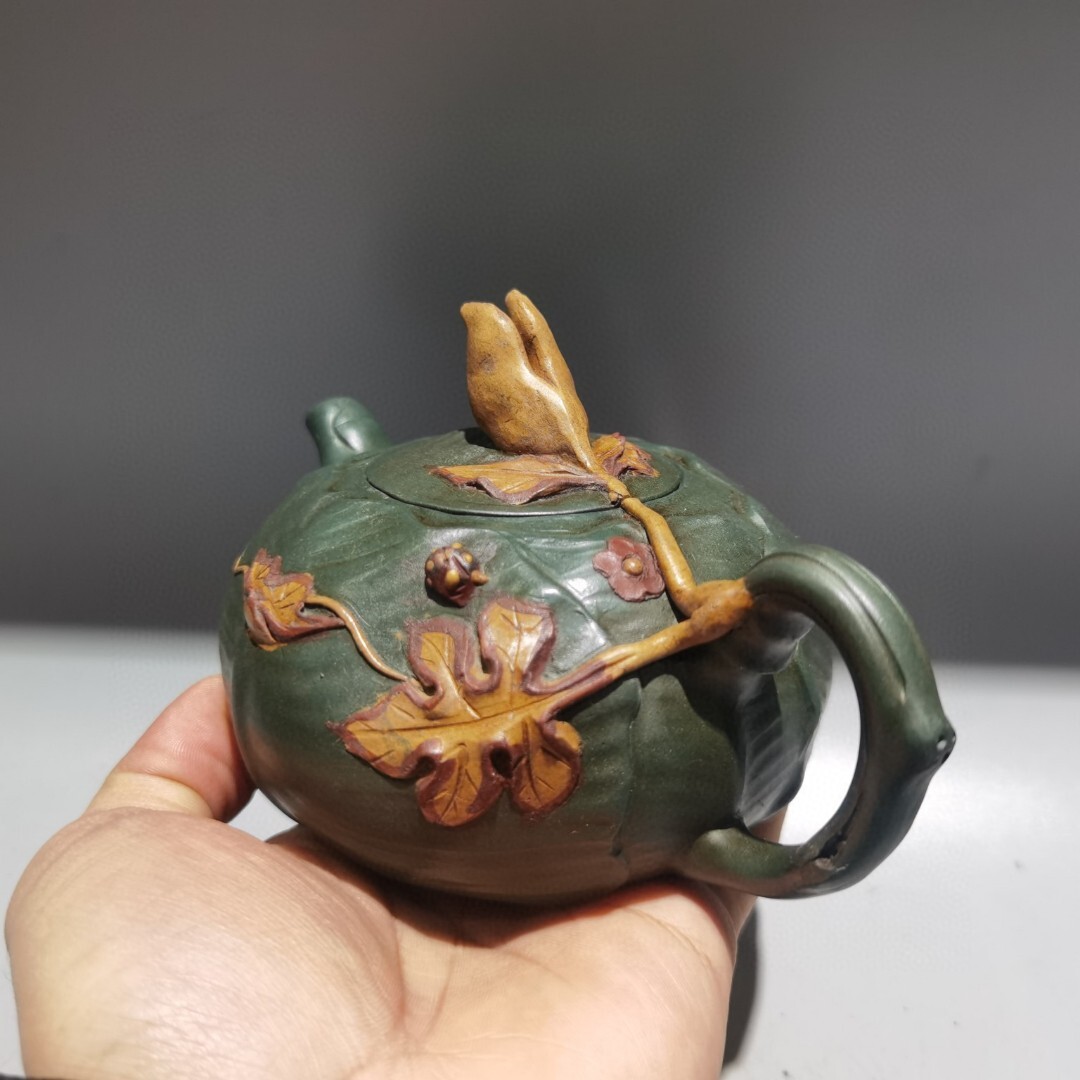 6.3in Chinese Yixing Zisha Green Natural Clay Handmade Bean Vine Teapot Limited