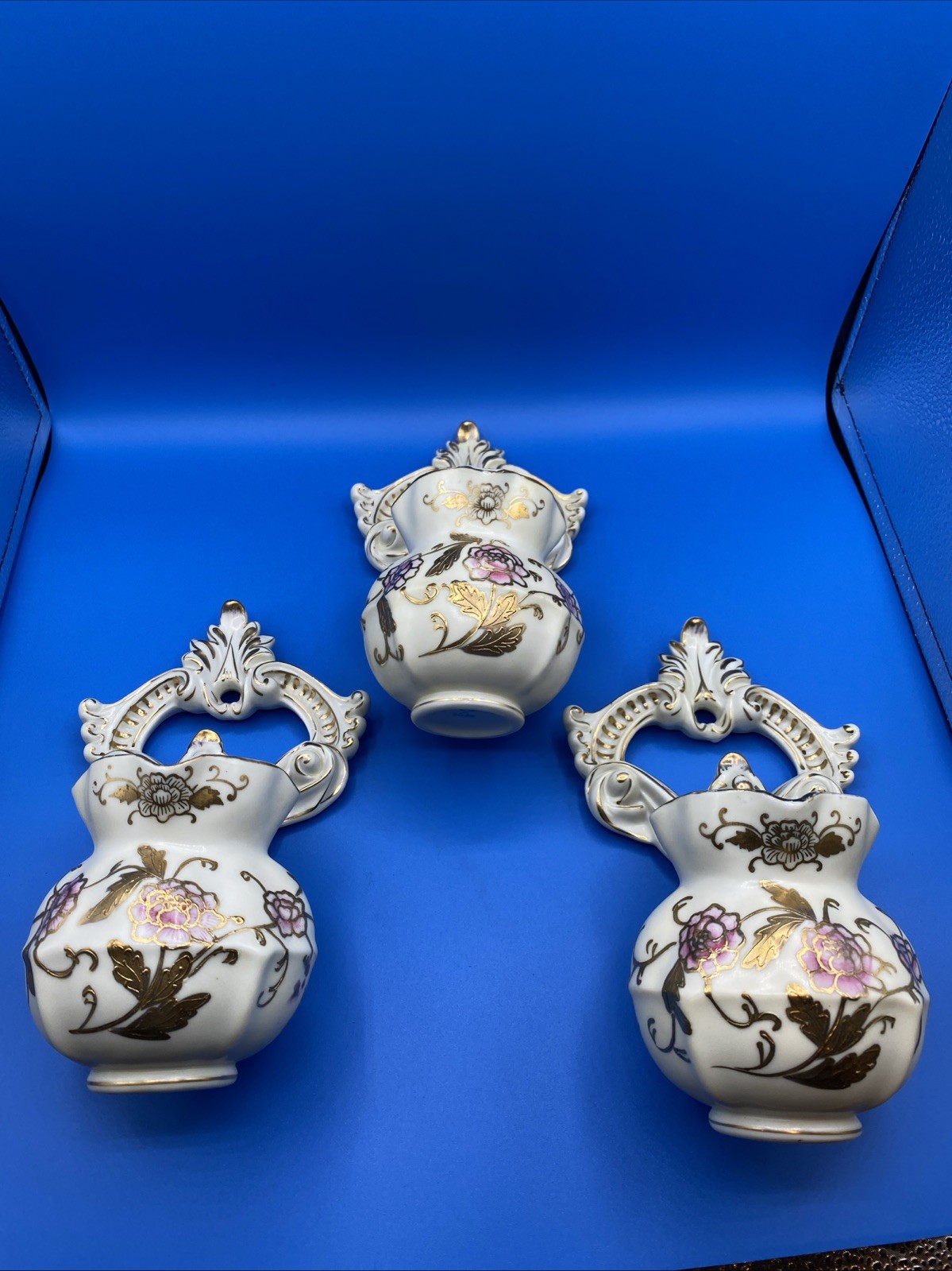 Vintage German Meissen/Kalk Porcelain Hand Painted Wall Pockets Set Of 3 Vintage German Meissen/Kalk Porcelain Hand Painted Wall Pockets Set Of 3