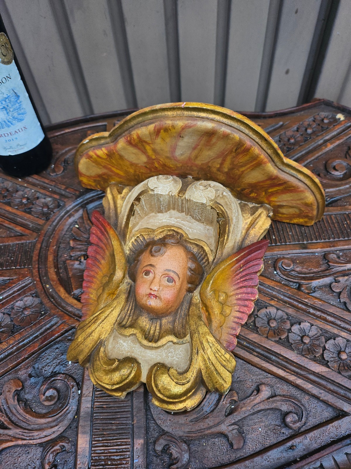 Vintage wood carved polychrome wall console angel head religious