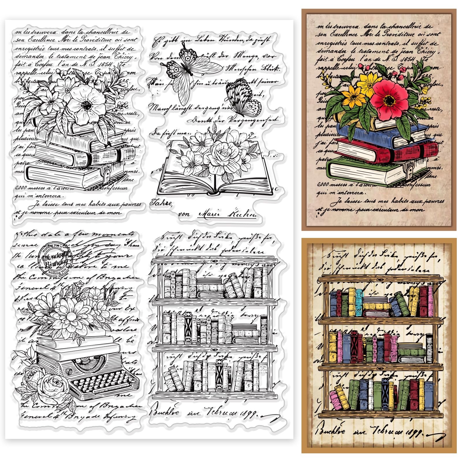 INFUNLY Vintage 8.3 inches x 11.7 inches, Books and Plants Clear Stamp INFUNLY Vintage 8.3 inches x 11.7 inches, Books and Plants Clear Stamp