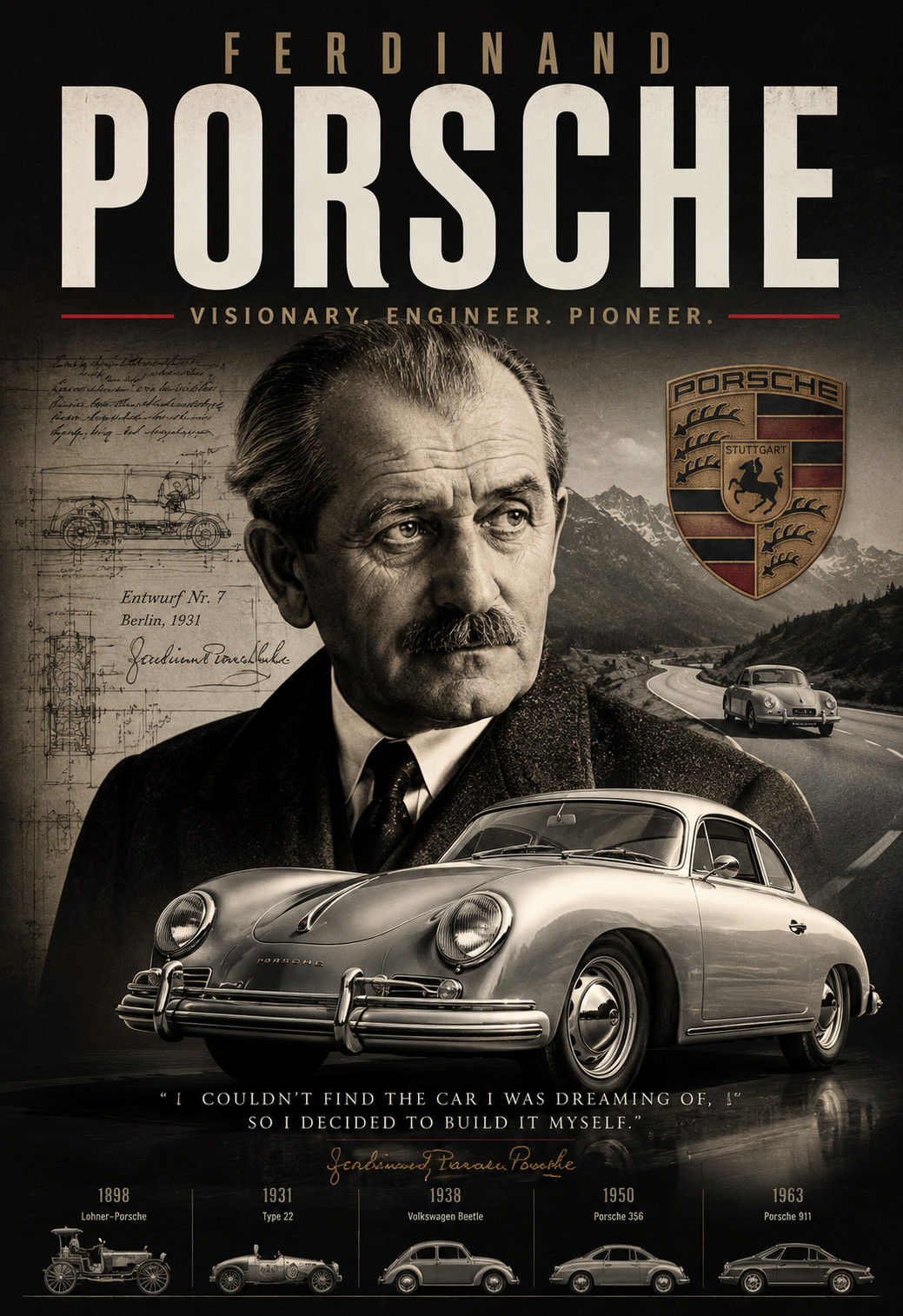 Ferdinand Porsche Vintage Poster 13x19 Matte Print Automotive Wall Art 13x19