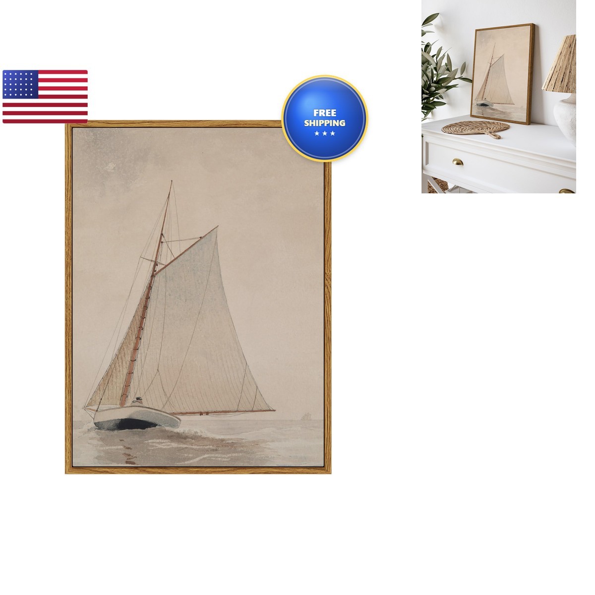 InSimSea Framed Wall Art White Sailboat Seascape 12x16in
