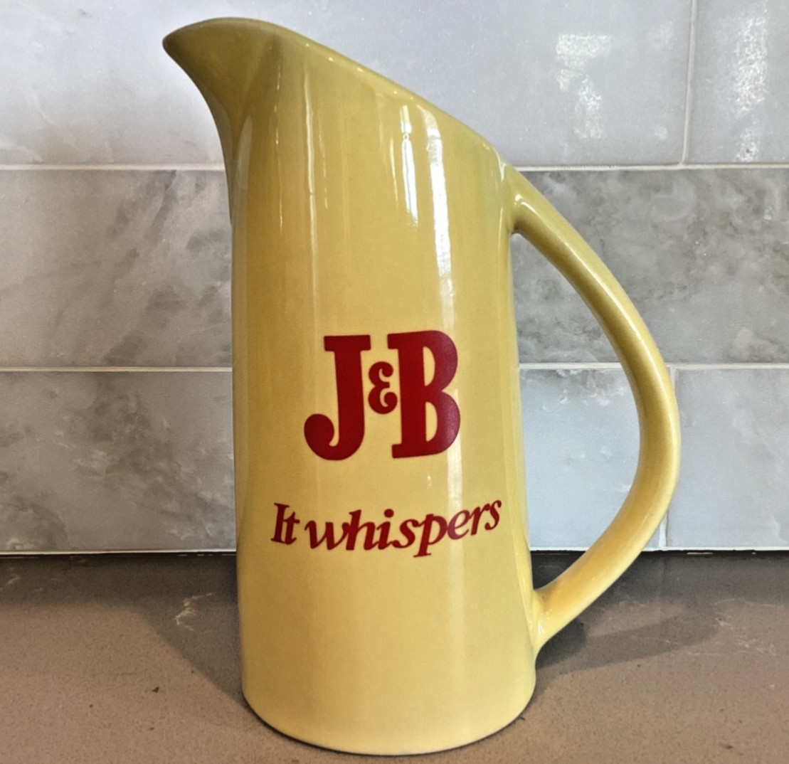 Vintage J&B Scotch Whiskey Pitcher Yellow with Red Logo It Whispers Paddington