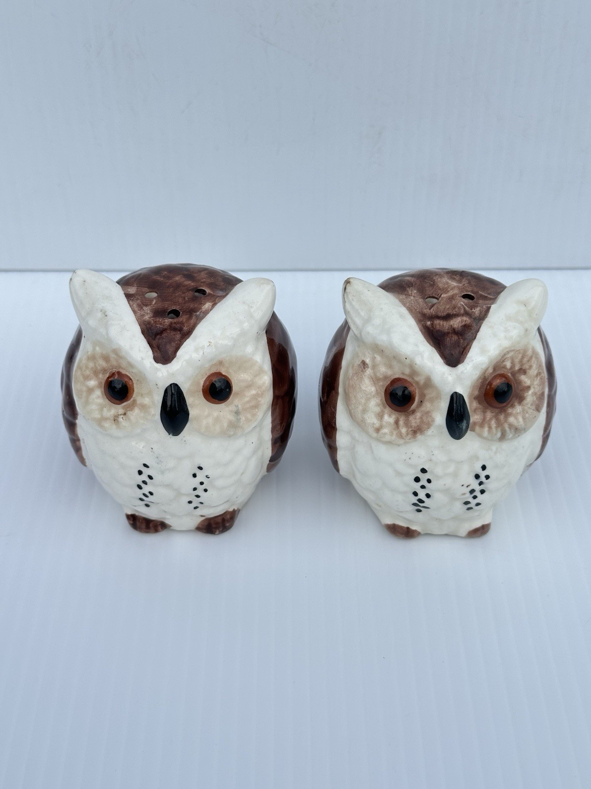 Vintage Ceramic Owl Salt & Pepper Shakers Brown White Figural Set Pair
