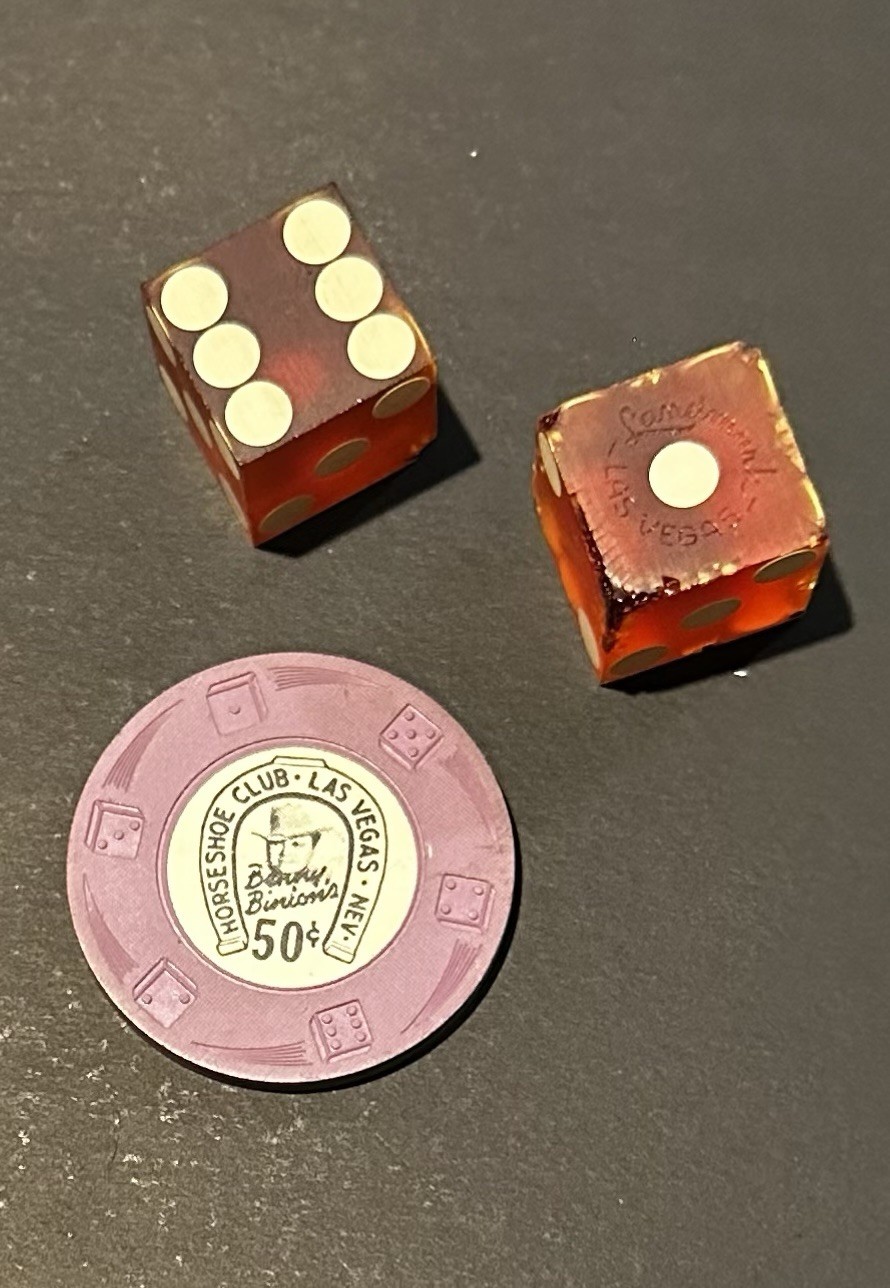 Rare Vintage Benny Binion\'s Horseshoe Club Vegas 50-cent Chip & 2 Lucite Dice
