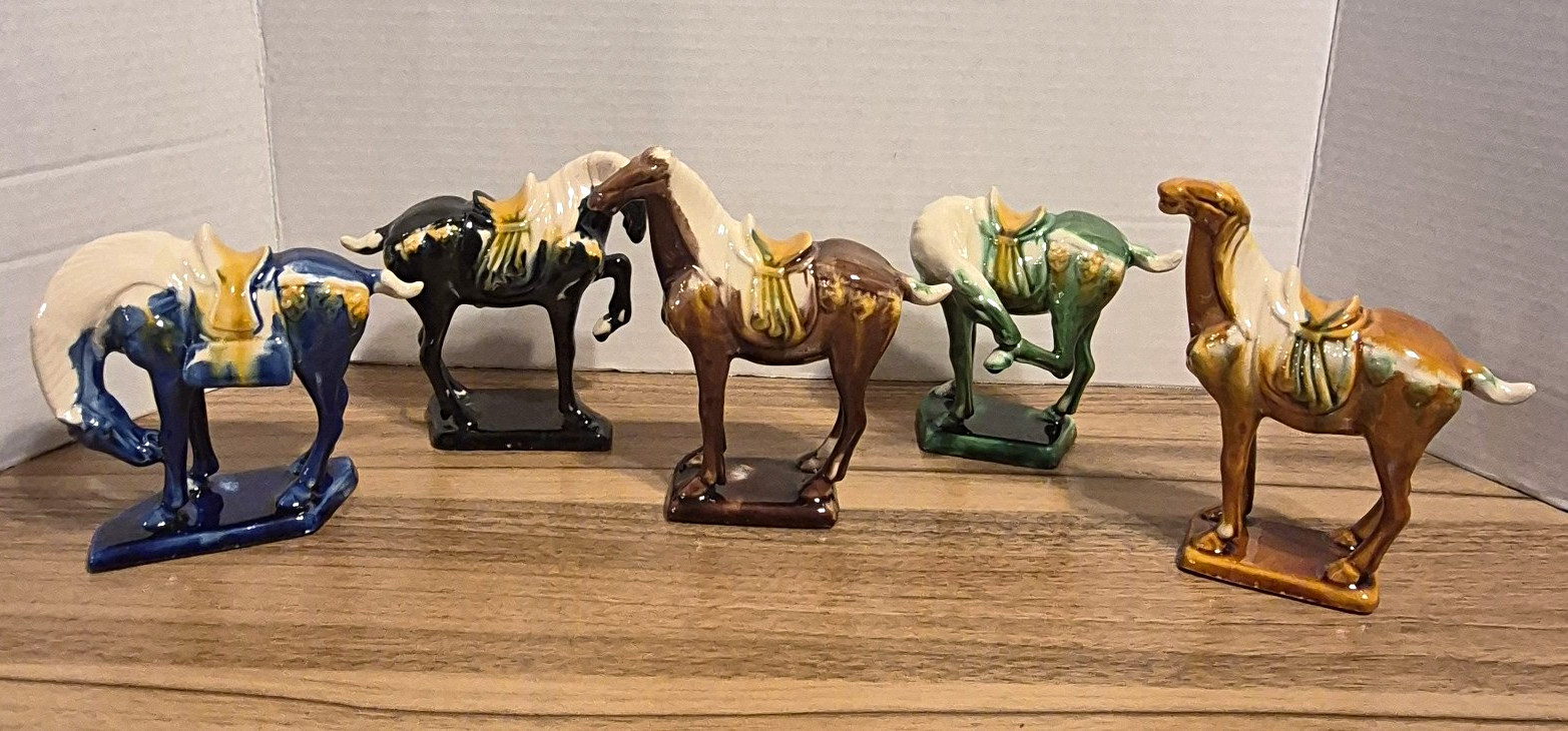 Vtg Chinese Sancai Glaze Ceramic War Horse Figurine Set 5 Tang Dynasty Dragon