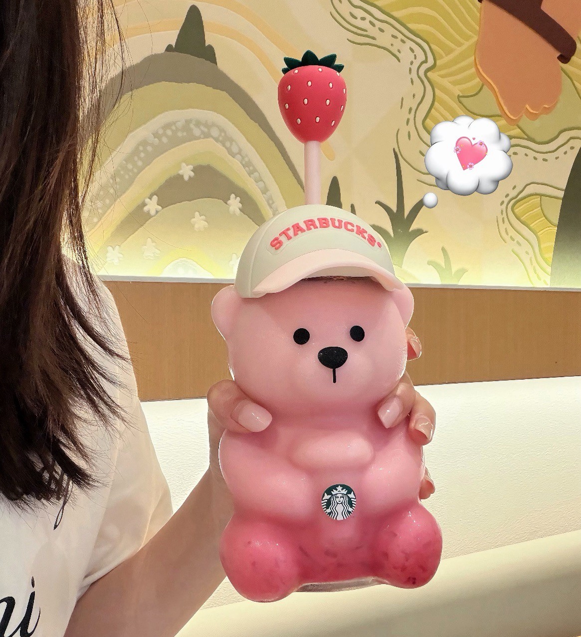 2026 HOT Starbucks Bearista Bear cold Cup Tumbler Strawberry Topper Baseball Cap
