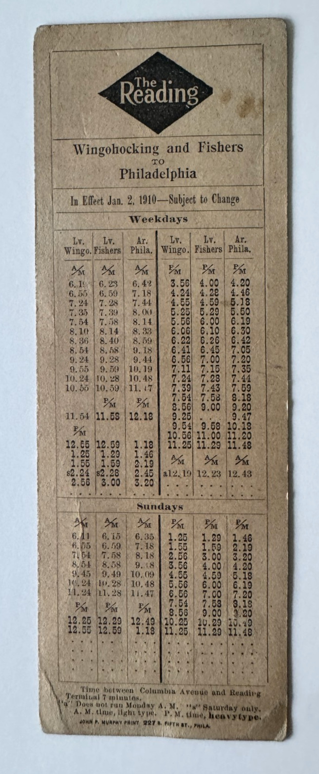 Vintage 1910 Reading Railway RR Timetable Card Philadelphia Wingohocking Fishers