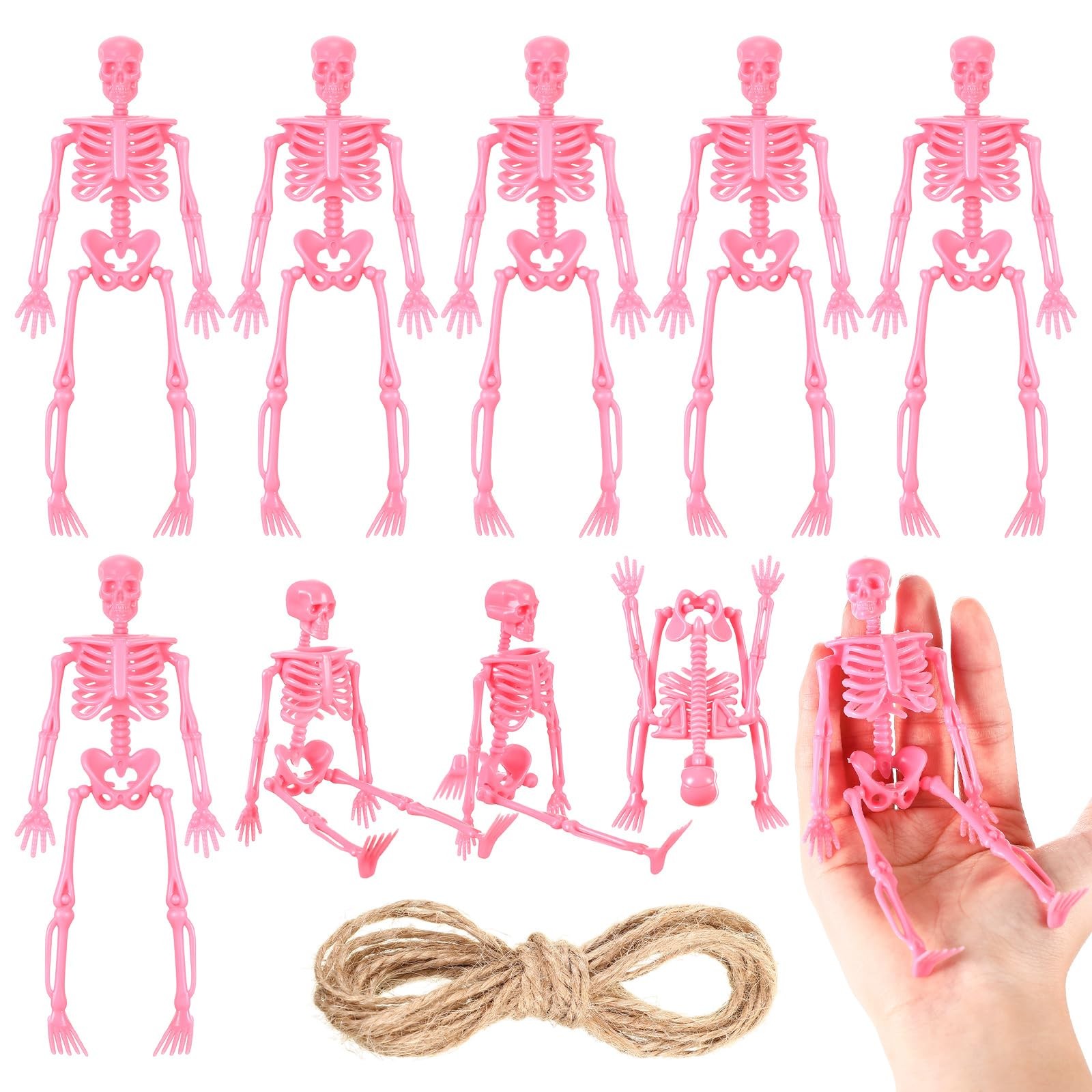 Jetec 6 Pcs Halloween Mini Plastic Skeleton with Jute Rope, Party Favors