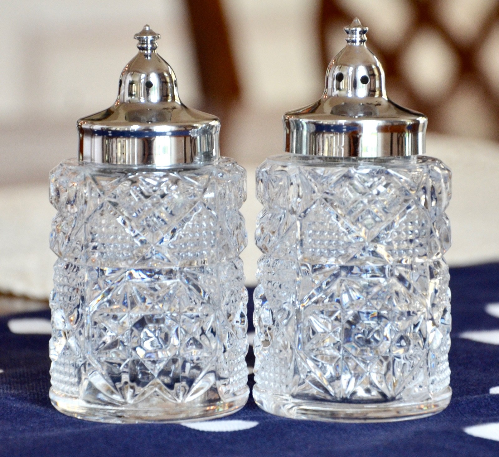 Vintage Heritage by Fostoria Salt & Pepper Shakers Clear Pressed Glass Metal USA Vintage Heritage by Fostoria Salt & Pepper Shakers Clear Pressed Glass Metal USA