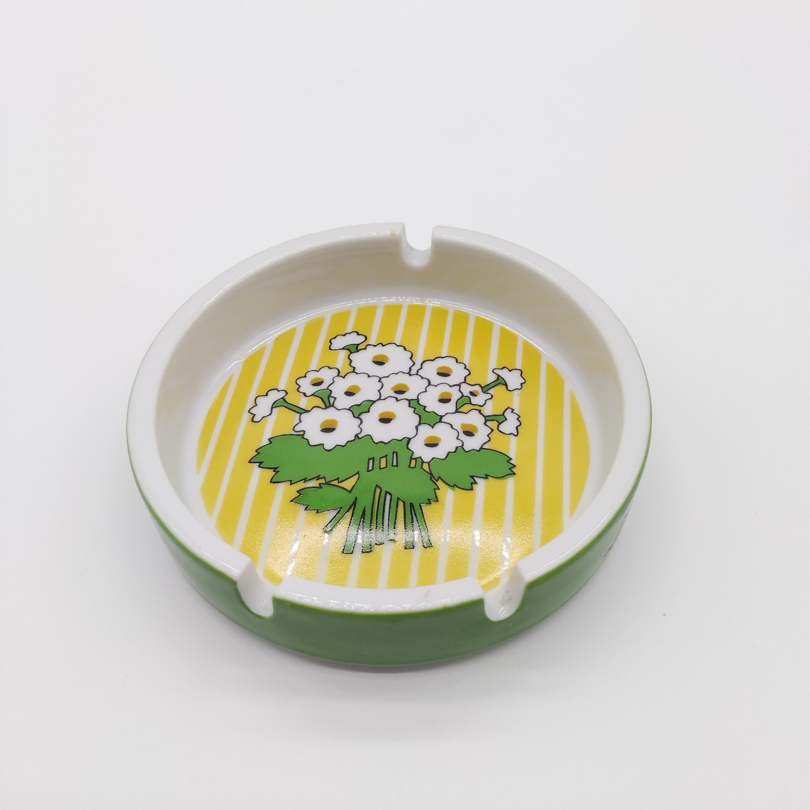 VTG MCM 70s Groovy Daisy Green Yellow Ashtray Trinket Tray Dish Cute Rare Decor