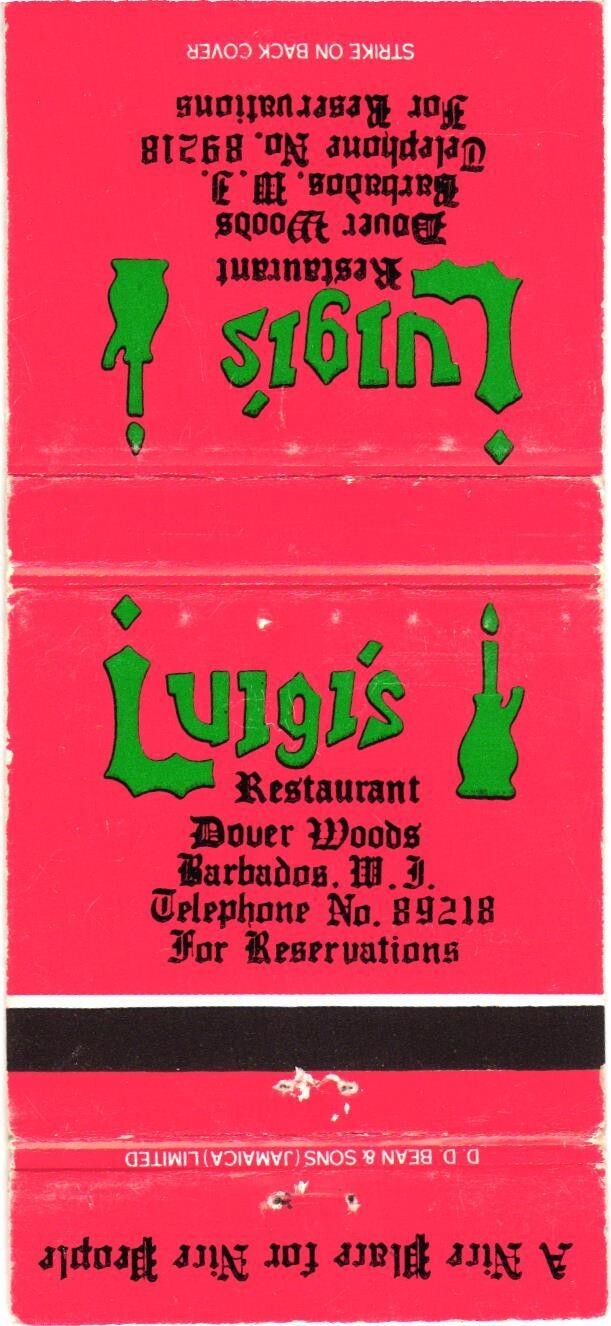 Luigi's Restaurant Dover Woods Barbados Vintage Matchbook Cover 1950s-60s