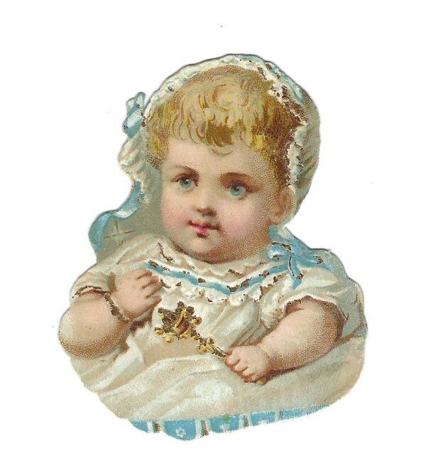 1888 Chromo decoupis, Sweet BABY RATTLE PALE BLUE, Antique Die-Cut Scrap, 2.5\