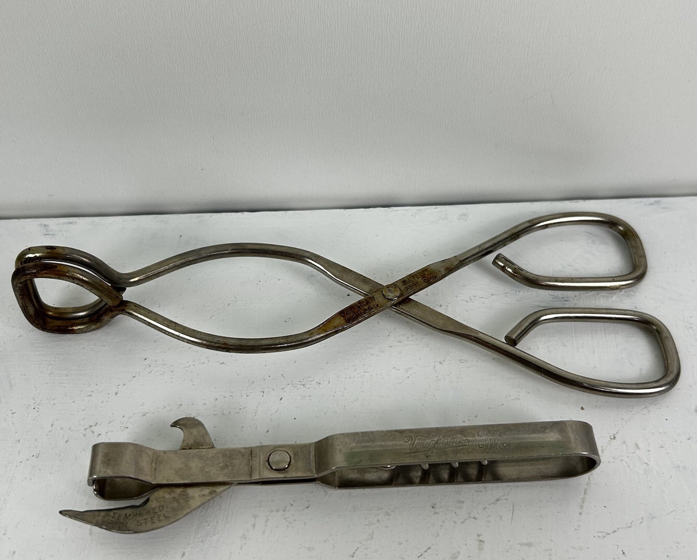 Vintage Vaughn’s Steel Corkscrew Can Opener & Tongs Tools Retro Chicago Illinois