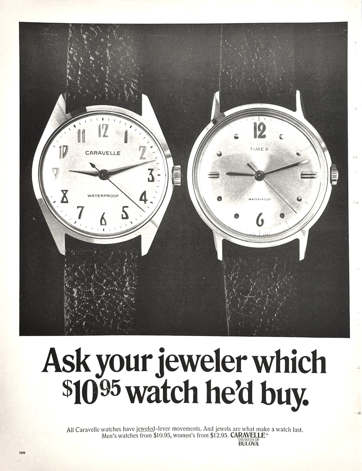 Caravelle Bulova vs Timex Waterproof Wristwatch Compare Jewelry Vtg Mag Print Ad