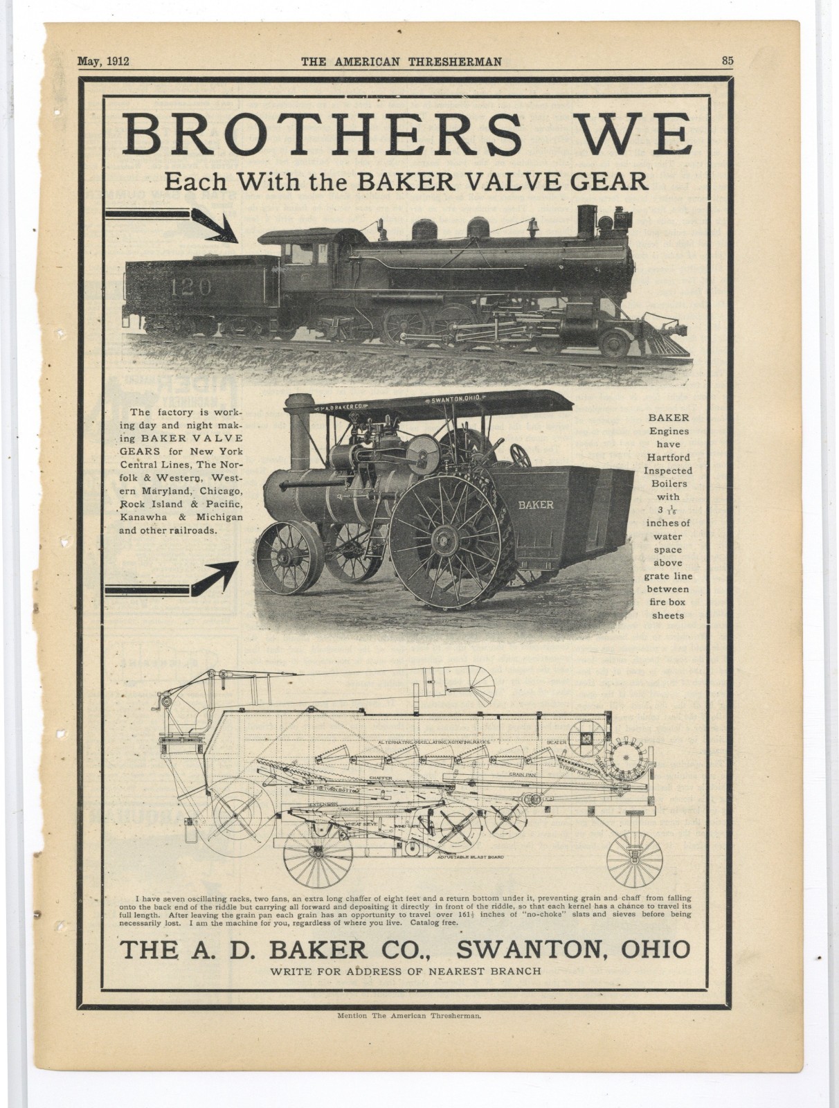 1912 A.D. Baker Co. Swanton, OhiO Ad: Steam Tractor & Cutaway View of Thresher
