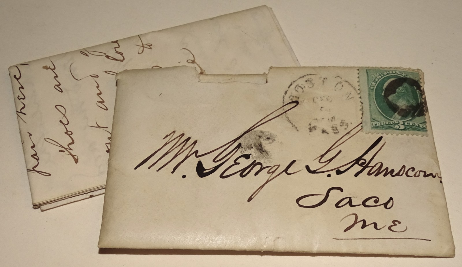 1876 Antique Letter & Envelope Saco ME Militia Capt George Hanscom Boston Postal