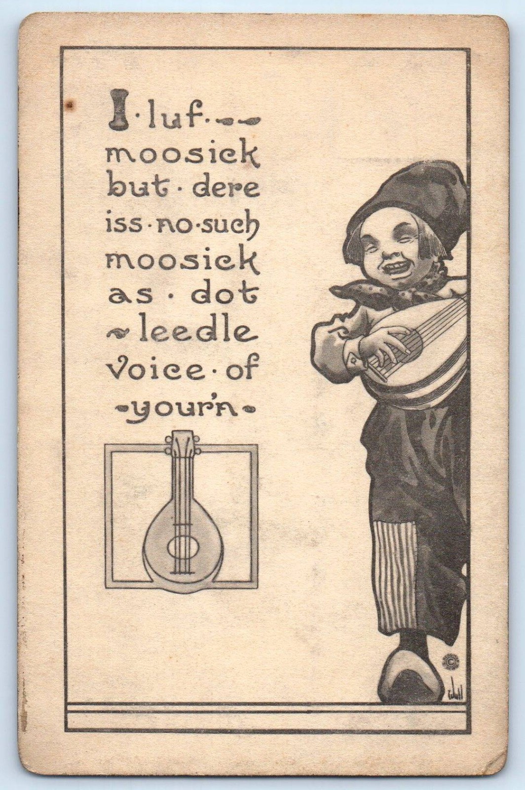 c1910\'s Dutch Boy Playing Banjo I Luf Moosick Wall Signed Artist Postcard