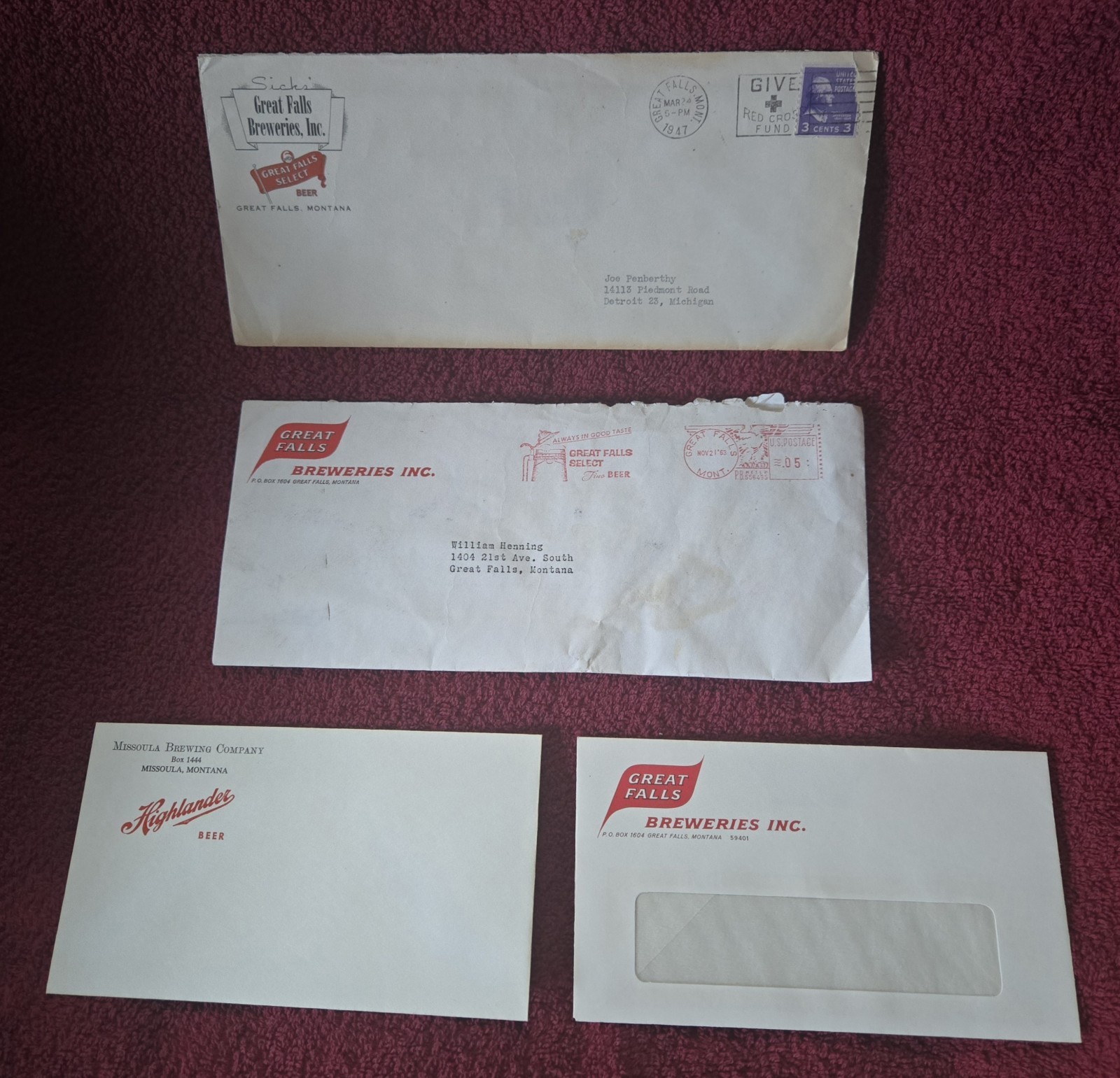4 Vintage Montana Brewery Envelopes Sicks\' Great Falls Select & Highlander Beer 4 Vintage Montana Brewery Envelopes Sicks\' Great Falls Select & Highlander Beer