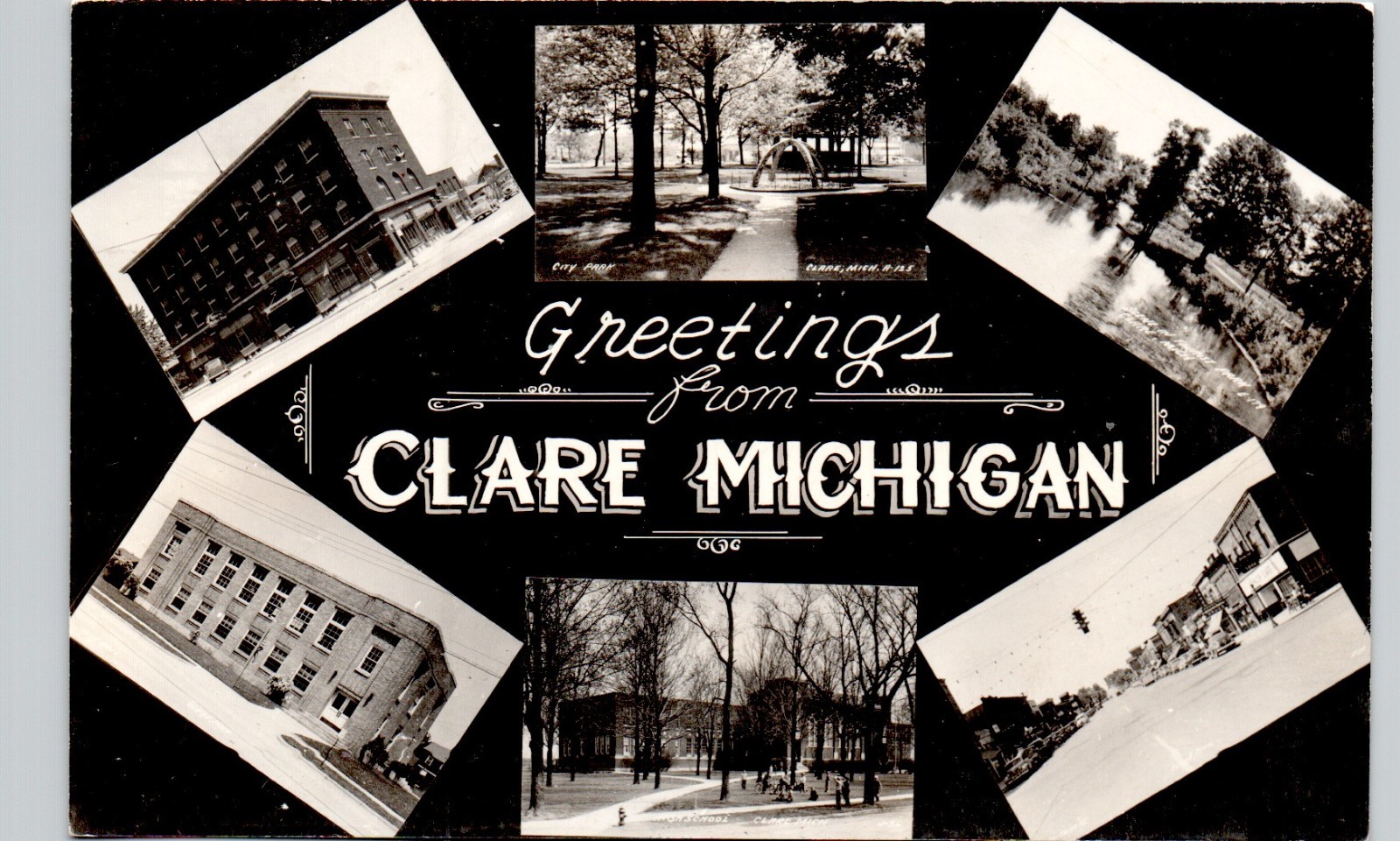 GREETINGS FROM... clare mi c1950 postcard michigan real photo rppc multiview