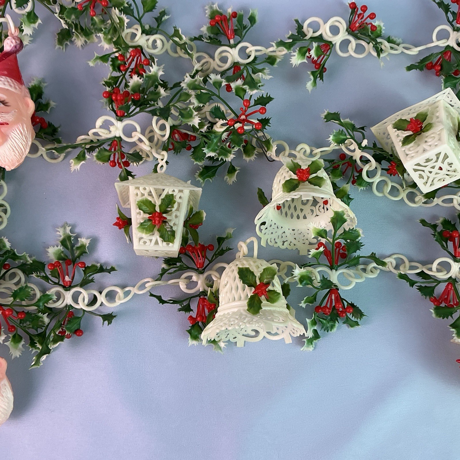 Vintage Plastic Garland-White Filigree,Bells,Lanterns,Holly Leaves,8Ft Long