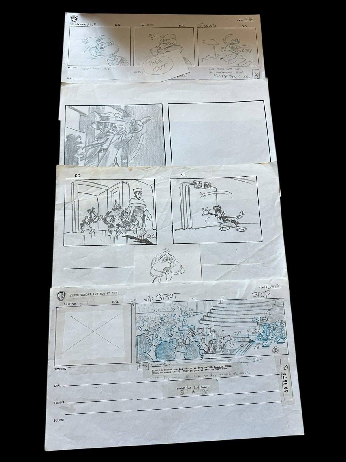 Animaniacs Original Storyboard Lot 1990s WB – Slappy Squirrel & Three Tenors