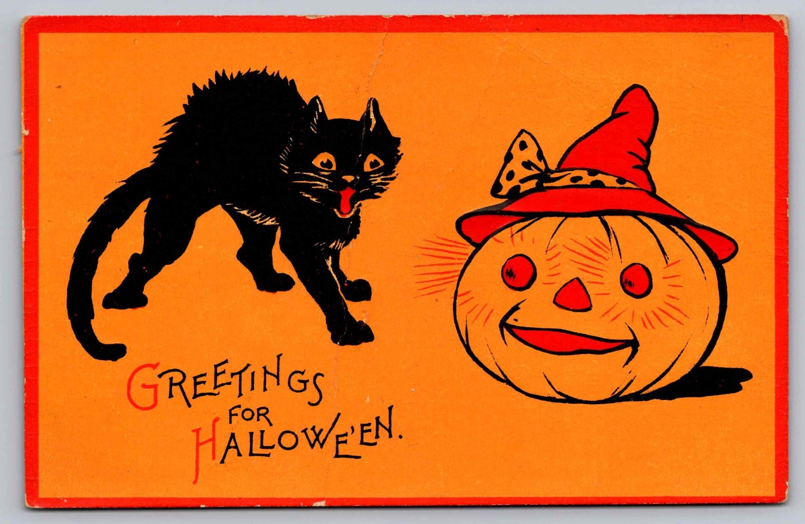 Postcard Halloween Black Cat JOL Pumpkin Sam Gabriel 122 - Crease