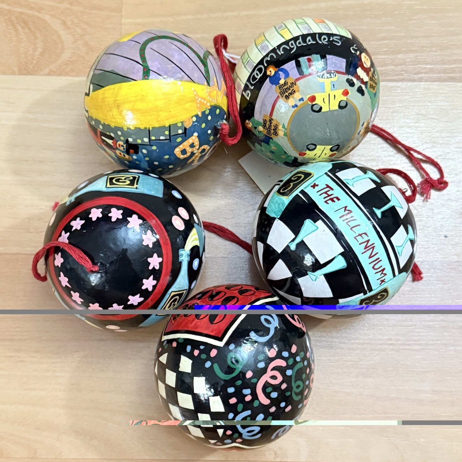 Vintage Bloomingdale’s New York Hand Painted Christmas Ornament Lot of 5 RARE