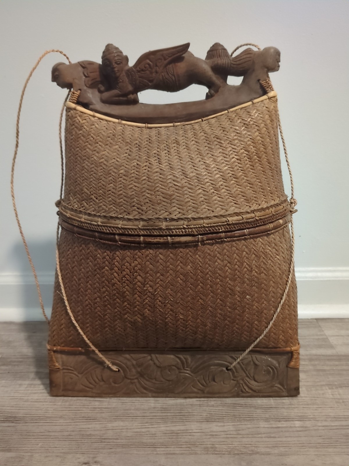 Vintage Lombok Indonesian Fishing Basket Handwoven Wood Wicker Rustic Decor
