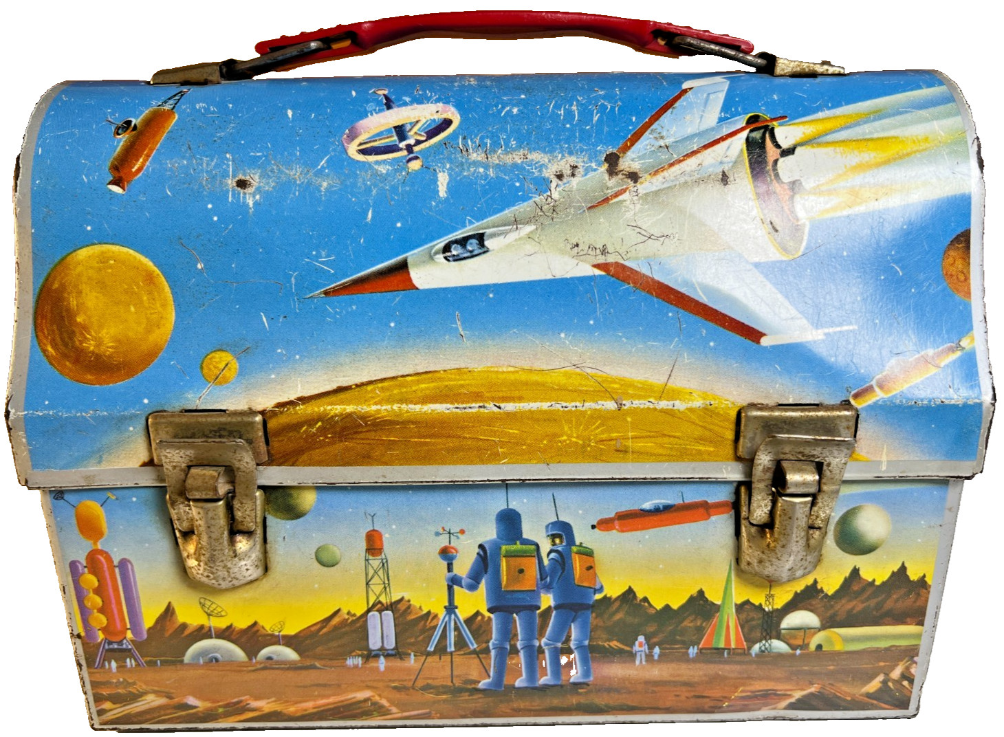 1960 Thermos Astro Space Dome Metal Lunch Box Astronaut Rockets Atomic Sci-Fi