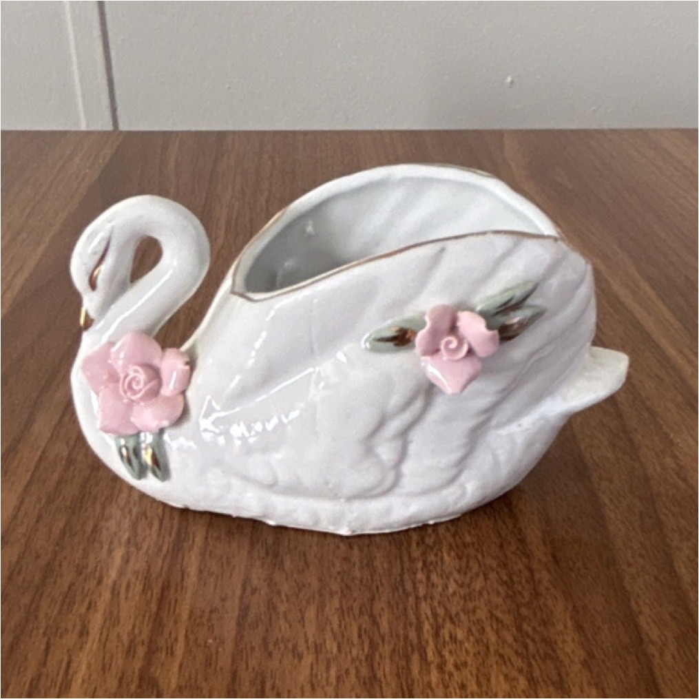 White Ceramic Swan Planter with Pink Floral Hand Painted Glossy Finish