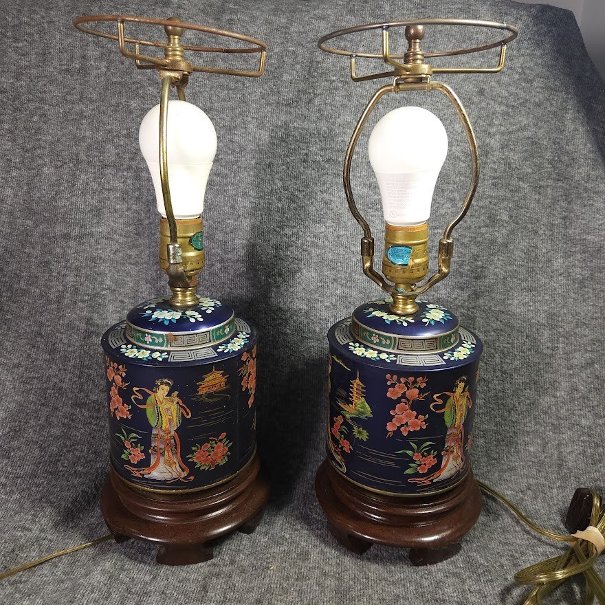 PAIR of Vintage Tea Canister Table Lamp Frederick Cooper Style Asian Chinoiserie