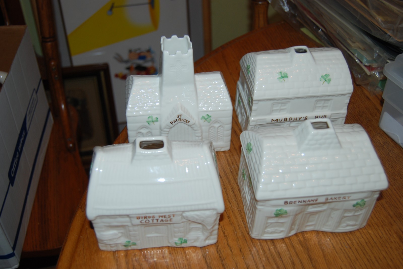 Belleek Irish Village Tea Lights - St Patrick\'s Church, Cottage, Pub, Bakery