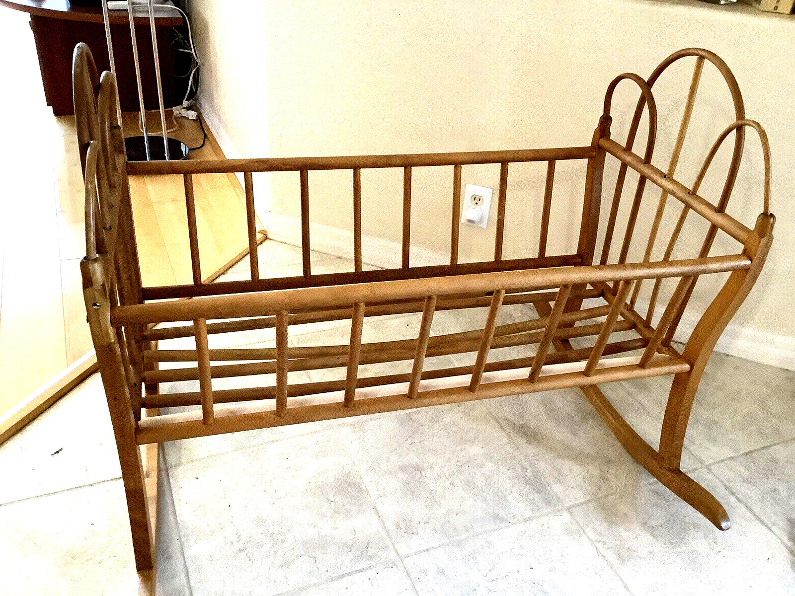 Vintage 1940's Amish Style Turned Spindle & Cane Maple Baby Rocking Cradle