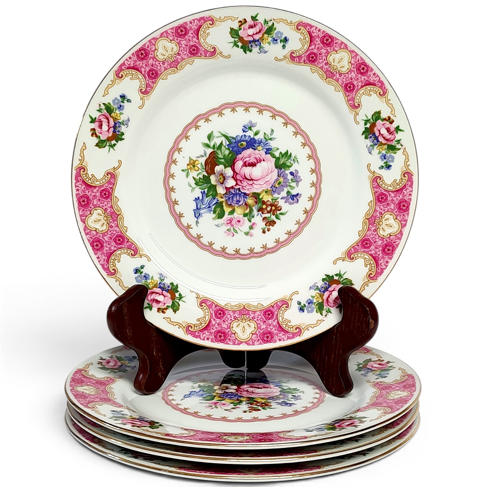VTG 4pc Red Sea Remington Spring Garden Gold Gilt Floral Salad Plate Set 8.5