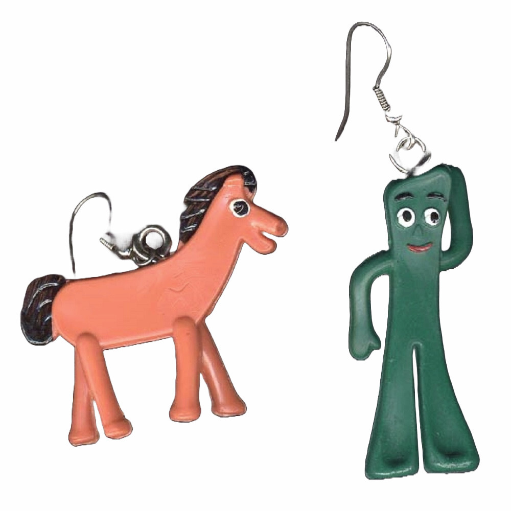 Vintage Retro GUMBY POKEY EARRINGS Novelty Cartoon Toy Mini Figure Funky Jewelry