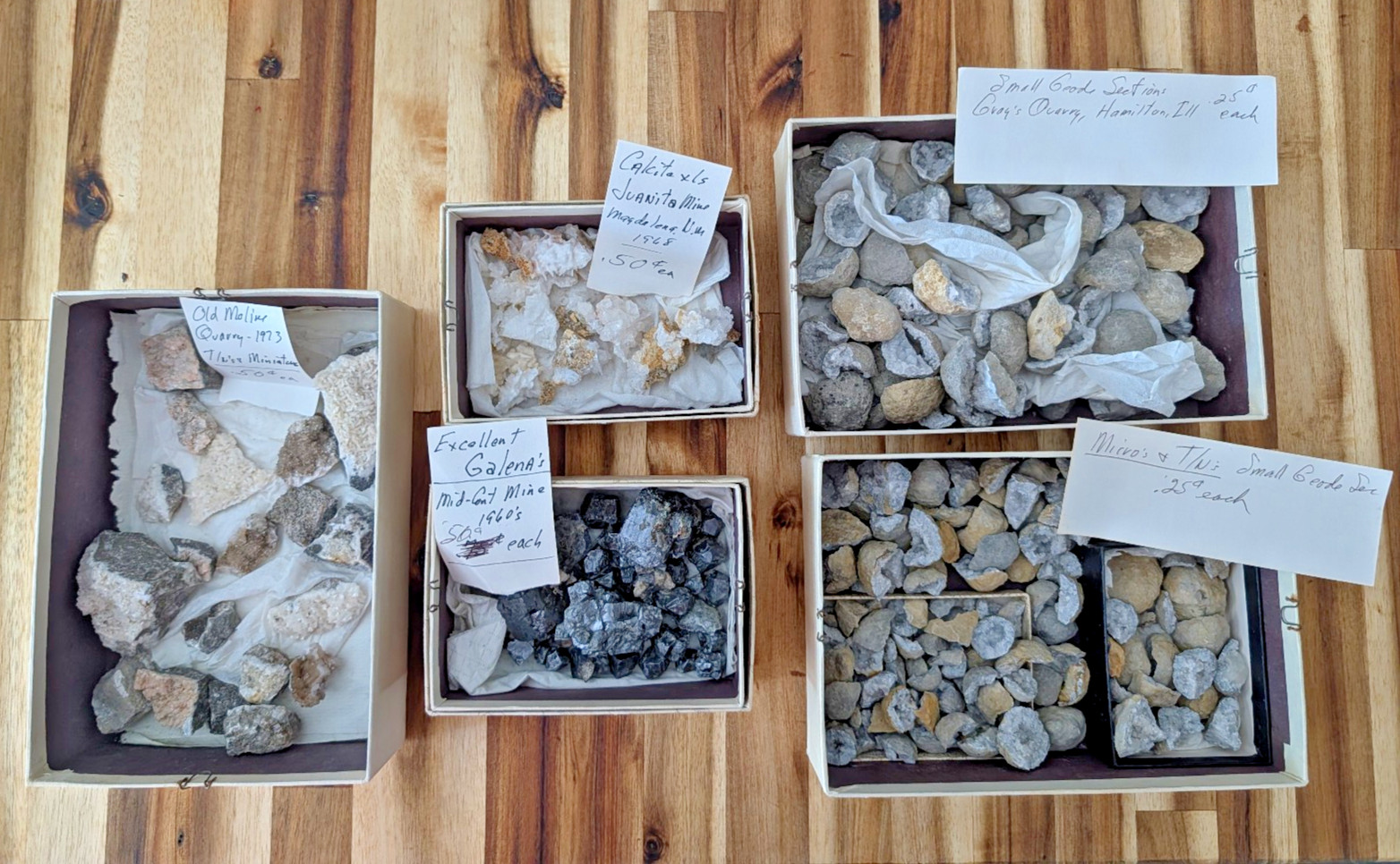 Vintage Mineral Specimen Dealer Lot 5 Box Flat Geodes Galena Calcite Druzy Tags