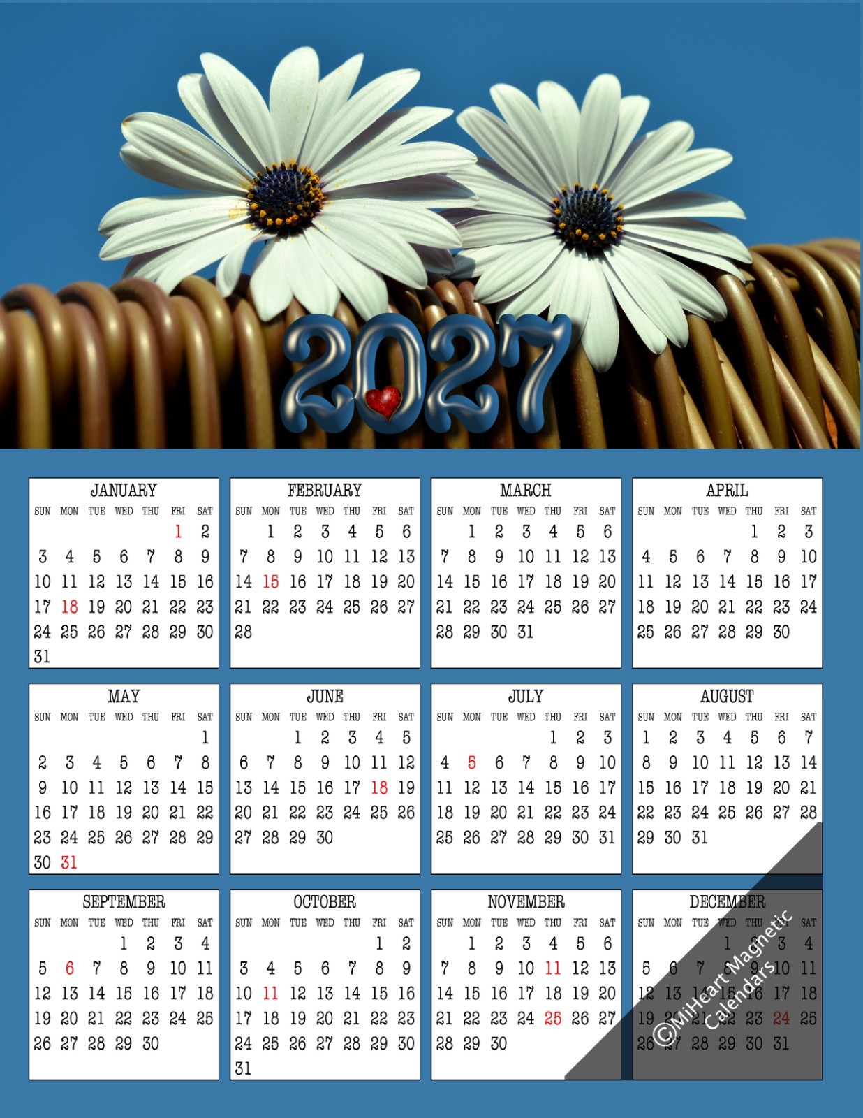 MiHeart 2027 Year Magnetic Refrigerator Calendar 8.5\