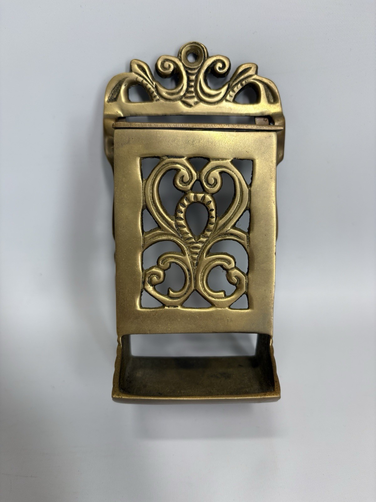 Antique Solid Cast Brass Match Holder Wall Mount Fireplace Filigree Gold Tone