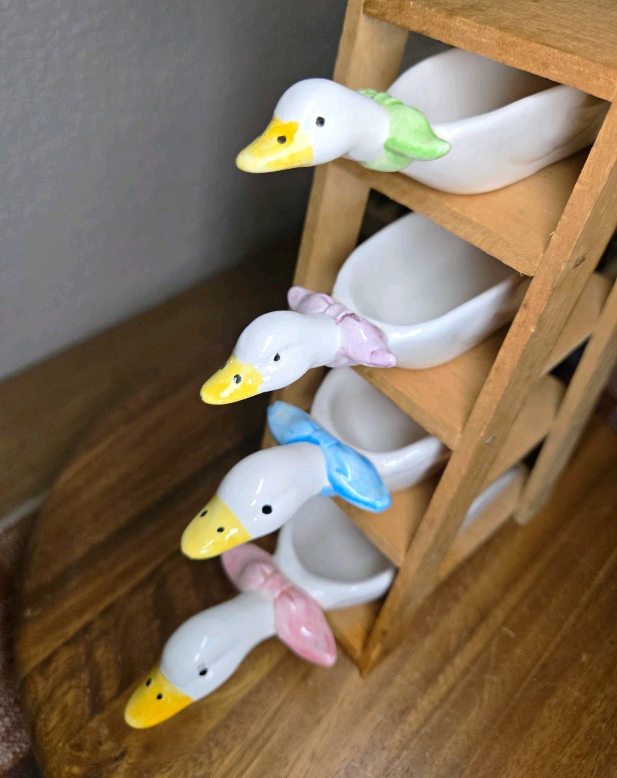Vintage 1980s JSNY Ceramic Goose Nesting Measuring Scoops Set w Ladder Wall Rack Vintage 1980s JSNY Ceramic Goose Nesting Measuring Scoops Set w Ladder Wall Rack