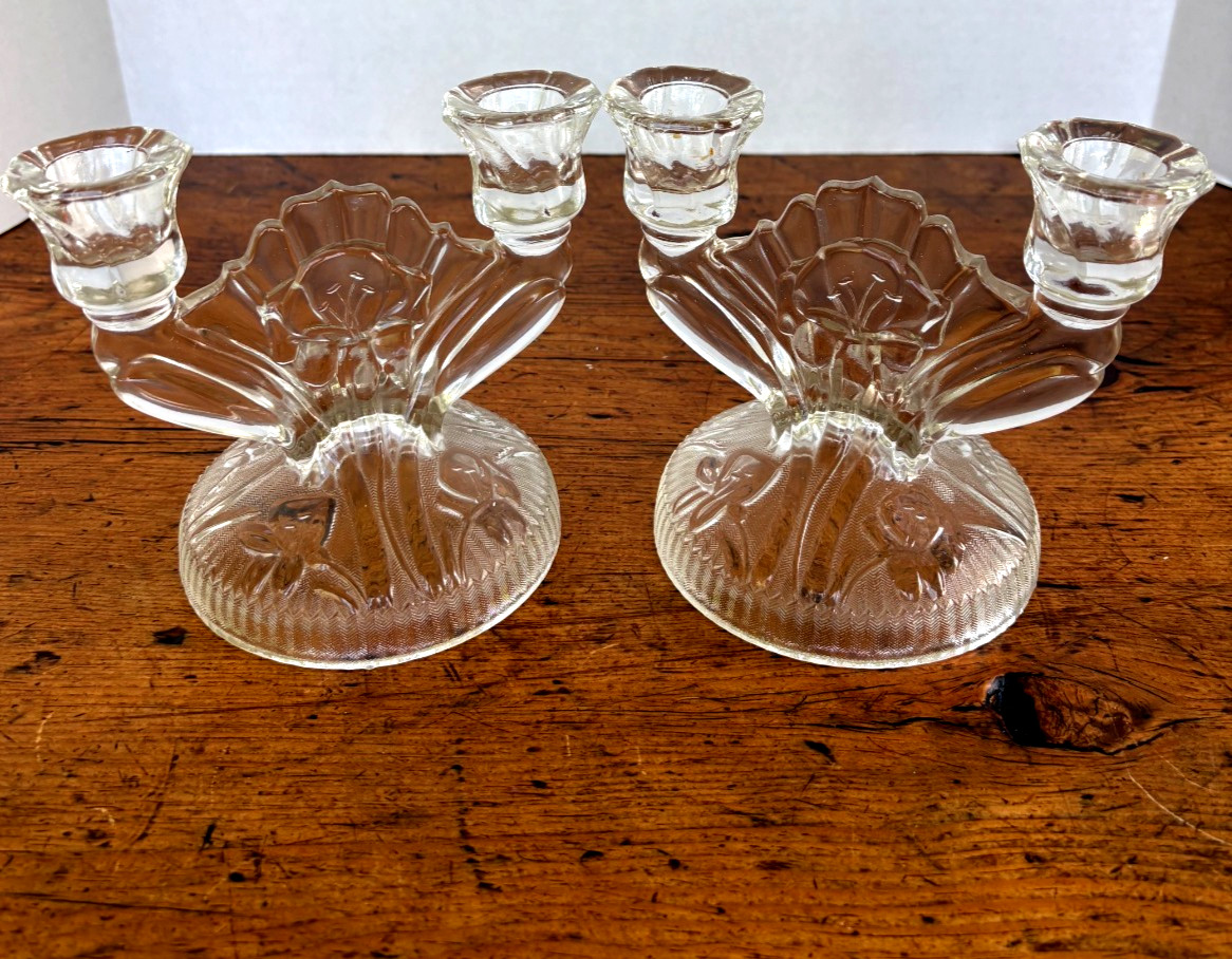 Jeannette Iris Herringbone Clear Glass Double Candlesticks Pair Depression Excel